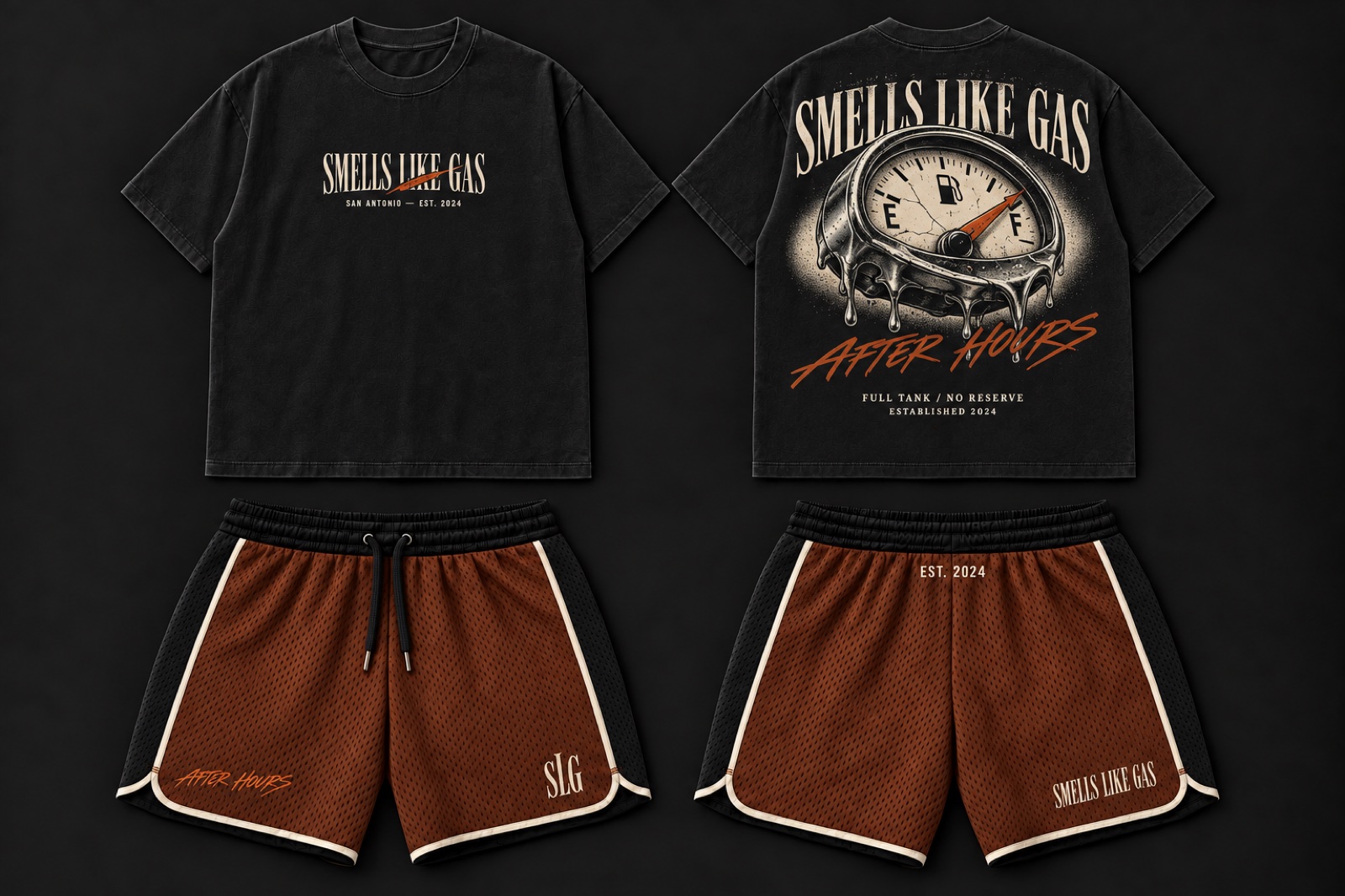After Hours black graphic tee and burnt orange mesh shorts